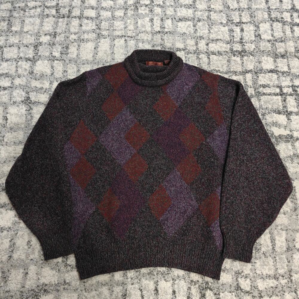​Vintage Henry Grethel 100% Shetland Wool Argyle Knit Sweater Mens L Purple